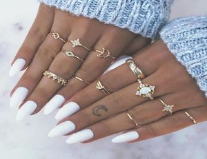 Vintage Star Opal Crystal Finger Rings Set 13st Bohemian Gold Moon Crown Knuckle Rings Women Beach Wedding Party Jewelry Accessor8120819