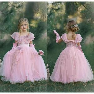 Sweet 2020 Flower Dresses With Detachable Long Gloves Wear For Wedding Lace Floor Length Girls Party Dress 0508