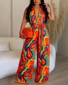 Kvinna Lång jumpsuits Elegant Multicolor Abstract Print Wide Leg Jumpsuit Fashion Casual One Pieces Female Outfits 240423