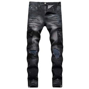 Men's Jeans 2023 High Quty Men Casual Black Jeans Paint Slim Straight Hole Biker Jeans Autumn Jean Homme Male Denim Pants Plus Size 44 T240507