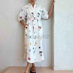 Casual Dresses Designer Dress 2024 Summer Women's Outerwear New Print Flip Collar Long Waist Tie up Shirt Dress Plus size Dresses