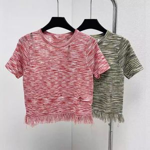 Camisetas T Women Fringe Casual Fringe Round Knit Manga curta Summer feminino T-shirt French Slim Fit Skinny Tops 2024