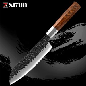 Japansk santoku kniv 7 tum hög kolstålhandsmidd knivkökskock kniv kniv med åttkantig handtag