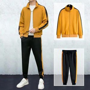 Men's Tracksuits Korean Fashion Sports Sets Solid Color Patchwork Long Sleeve Zipper Coat Elastic Waist Casual Pants Two Piece