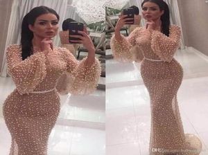 Arabic Pearls Poet Long Sleeve Vintage Evening Dresses Champagne Blue High Neck Sheath Formal Party Celebrity Gowns Prom Dress BC09031266