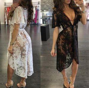 Novo vestido de smock de praia de verão mulheres sexy preto renda branca vestidos florais profundos vneck ver através de cobertura 7449076