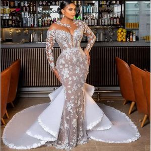 Mermaid Jewel Vintage Appliques 3D Dresses Wedding Long Sleeves Illusion Detachable Train Backless Custom Made Plus Size Bridal Gown Vestidos De Novia