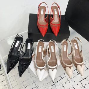 المشاركات الفاخرة في أصابع قدمي المضخات Slingback Stiletto أحذية Hasp High High Heels Leather Toe Grath Barty Wedder with Box Size 35-42