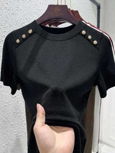Frauen T-Shirt Office Womens Baumwoll-T-Shirt für Frauen Sommerknopf Design runden Hals-Gewichtsverlust Top Gothicl2405