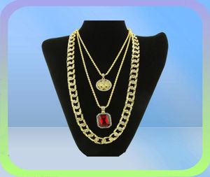 Fashionhop halsbandsmycken Nya Ruby Pendant Necklace 3PCSSet Fashion Cuban Link Chain Jewelry Set2323053