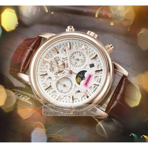 Sub Work Automatic Date Men Stopwatch Watches Mens äkta läderband Quartz Movement Clock Moon Star Dial Super Bright Popular Watch Presents