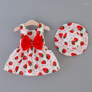 女の子のドレス夏の子供用ドレスコットンボウノースリーブ0〜3歳のストロベリープリントベイビー