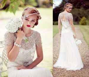 Vintage Great Gatsby Sparkly Crystal Beach Dresses 2019 Jenny Packham Cap Sleeve Country Open Back Bridal Wedding Gowns4432922