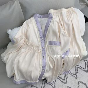 Women's Sleepwear Summer Light Purple V-neck Three-Piece Suit Thin Homewear Ice Silk Pajamas