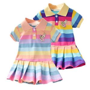 Девушка платья летняя девочка милый кролик декоративное платье маленькая девочка Rainbow короткие рукавы