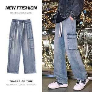 Men's Jeans Spring New Man Elastic Waist Cargo Baggy Jeans High Strt Pants Straight Y2K Multi-pocket Overalls Fashion Wide Leg Pants Y240507