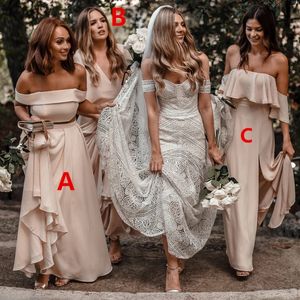 Chiffon Two Piece Bridesmaid Dresses A Line Off The Shoulder Backless Maid of Honor Gowns Long Wedding Guest Dresses