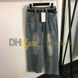 Retro mavi kot pantolon Renestone mektubu denim pantolon kadınlar için tasarımcı yüksek bel düz pantolon