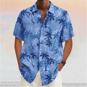 Erkekler Sıradan Gömlek Yaz Erkek Hawaiian Gömlek Blue Coconut TR Kısa Slve T-Shirt Sıradan Yakası Baskılı Erkekler Moda Düğmesi Plaj Bluz Kıyafetleri T240507