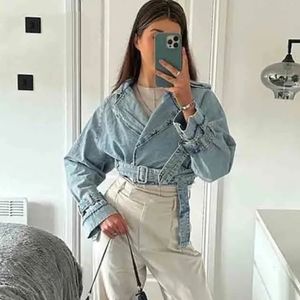 Woman Denim Jacket With Belt Cropped Jean For Women Frayed Streetwear Womens Long Sleeve Crop Top Fashion None befree modis 240423