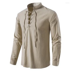 Camicie casual maschile 2024 in lino di cotone henley maniche lunghe maniche a colori a colori per le camicette da collare
