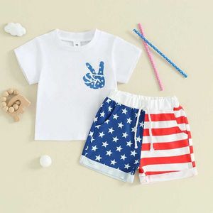 Clothing Sets 4th of July Baby Boy Outfit Short Sleeve Crewneck Shirt Tops American Flag Shorts USA Memorial Day Clothes H240508