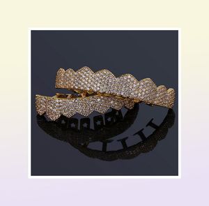 Iced Out CZ Mouth Teeth Grillz Caps Top Bottom Grill Set Men Women Vampire Grills 18K Gold Plated Rock Punk Rapper Accessories7450183