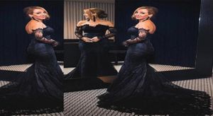 2018 New Black Off The Shoulder Lace Long Evening Dresses Long Sleeves Mermaid Formal Celebrity Party Guest Prom Gowns With Button8458854
