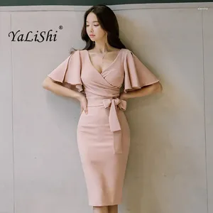 Party Dresses 2024 Summer Women Dress Pink Office Bandage Sexy Bodycon Vestidos Butterfly Sleeve Bow Strappy Pencil