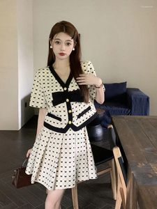 Work Dresses French Vintage Small Fragrance Two Piece Set Women Bow Print Short Jacket Coat Mini Skirt Sets High Street 2 Suits 4XL