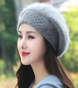 Angora Beret Women Winter Hat Beanie ciepłe dzianiny podwójne warstwy miękkie grube narciarstwo termiczne na nartach na zewnątrz dla kobiet dorosłych 2102204692