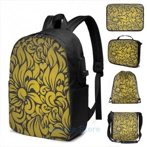 Plecak graficzny nadruk bezproblemowo-płatny-złotob-złota-glowers-czarne set-design USB Charge Men School Travel Laptop Bag