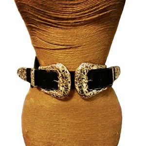 Ny mode kvinnlig vintage strap metall stift spänne läderbälten för kvinnor elastiska sexiga ihåliga ut breda midjor 203e