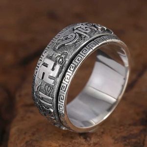 バンドリングリアルS925 SterlsilverヴィンテージRotabuddhist 6文字Rmen Womens Sterling Silver Ring Exquisite Holiday Gister J240508