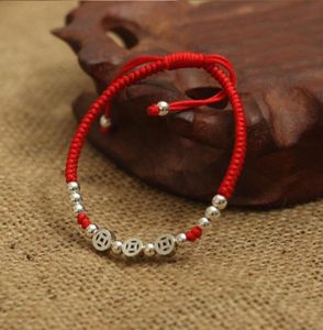 REAL 925 Sterling Silver Ancient Coins Beads Lucky Red Rope Armband Handmade Fortune Bangle Amulet Jewelry6471418