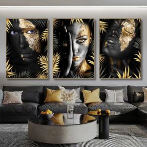 Donne per trucco africano con foglie in oro nero dipinte di moderne figure art da parete Poster foto per decorazioni per la casa senza incorniciatura