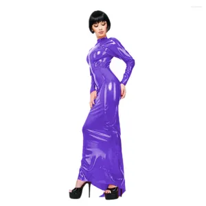 Vestidos casuais PVC sexy PVC brilhante pescoço mock slim long size tamanho grande vestido de látex de látex com babados com zíper no clube de trás