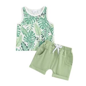 Clothing Sets Toddler Baby Boy Summer Clothes Sleeveless Boho Style Leaf Print Tank Top T-Shirt Elastic Waist Shorts Set H240508