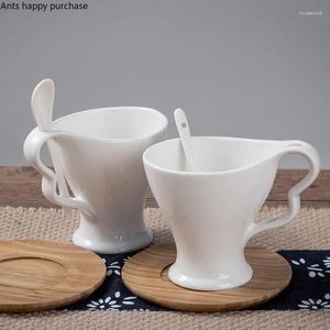Mugs White Ceramic Cup Wooden Saucer Spoon Coffee 2-piece Set Couple Mug Cups Pair Of Home Drinkware Teacup Milk