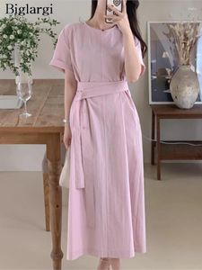 Party Dresses Summer Long Dress Women Short Sleeve Pink Sweet Fashion Loose Ruffle Pleated Ladies Korean Style Woman