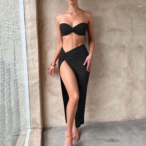 İş Elbiseleri 2024 Seksi kayış tüpü üst takım kadınlar moda sıkı yüksek bel etek iki parçalı set kulüp parti vestidos