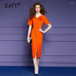 Parti Elbiseleri Zjyt Elegant Yaz Kadınlar için 2024 Lüks Buttons 3D Çiçek Midi Düz Gece Elbise Kısa Kollu Turuncu Çöp