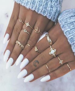 Vintage Star Opal Crystal Finger Rings Set 13st Bohemian Gold Moon Crown Knuckle Rings Women Beach Wedding Party Jewelry Accessor8995295