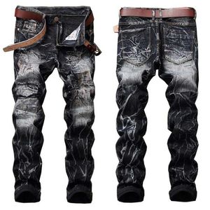 Jeans de jeans masculinos jeans Jeans Europeu e Americano Americano Straito de Design Sutão Ong Mens Ripped Nd Retro Trendy Hole Stitching J240507