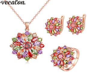 Vecalon New Flower Style Mutil Colors 5a Zircon CZ Rose Gold Filled Necklace Earringe Ring Smycken Set för Women4658525