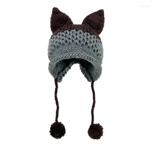 Ball Caps Ear Colorblock Knit Hat Crochet Earflap With Plush Pendant