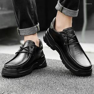 Casual Shoes 2024 For Men Lace Up Leather Autumn Round Toe Solid Platform Mid Heel Water Proof Daily Work Loafers