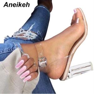 مثير PVC مضخات شفافة شفافة الصنادل Perspex عالية الكعب نسائي حزام حزام حزب ملهى ليلي zapatillas de mujer جديد