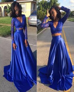 Seksowne afrykańskie sukienki wieczorowe V Sheer Sheer Long Rleeves koronkowe plon linii zwykła spódnica królewska niebieska suknia balowa dwa kawałki1583979
