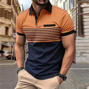 Business Mens Polo Polo Tirl Summer Summer Sleeve Rouve Fashion Stripe Print Street Botões casuais Tops Pullover de tamanho grande 240507